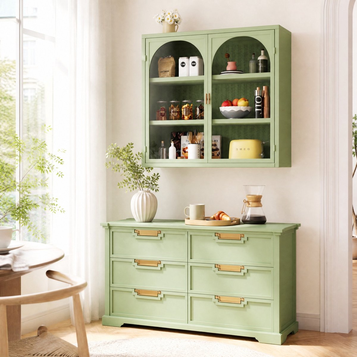 MEUNIQ Wandkast 70 x 23 x 60 cm met 2 glazen deuren, 3 opbergniveaus en uitneembare plank, voor hal, woonkamer, badkamer of eetkamer, groen