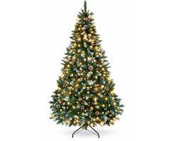 Yorbay Kunstkerstboom 210 cm - Sneeuw en Dennenappels - LED Verlichting - Inclusief Metalen Standaard
