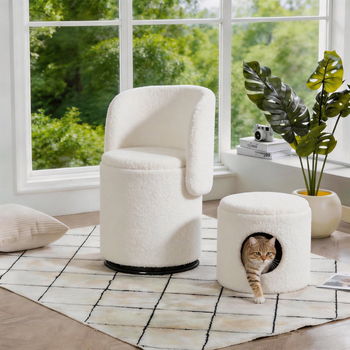 MEUNIQ draaibare kuipstoel met opbergruimte en armleuningen, 48 x 52 x 75 cm, teddy stof, inclusief kattenbedkruk, eetkamer en slaapkamer, wit