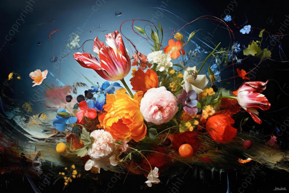 John Joseb Art (Aluminium) 120x80 | Bloemen, boeket, stilleven, geschilderde stijl, kunst | abstract, kleurrijk, felle kleuren, blauw, rood, oranje, geel, groen, roze, modern | foto-schilderij op dibond, metaal wanddecoratie