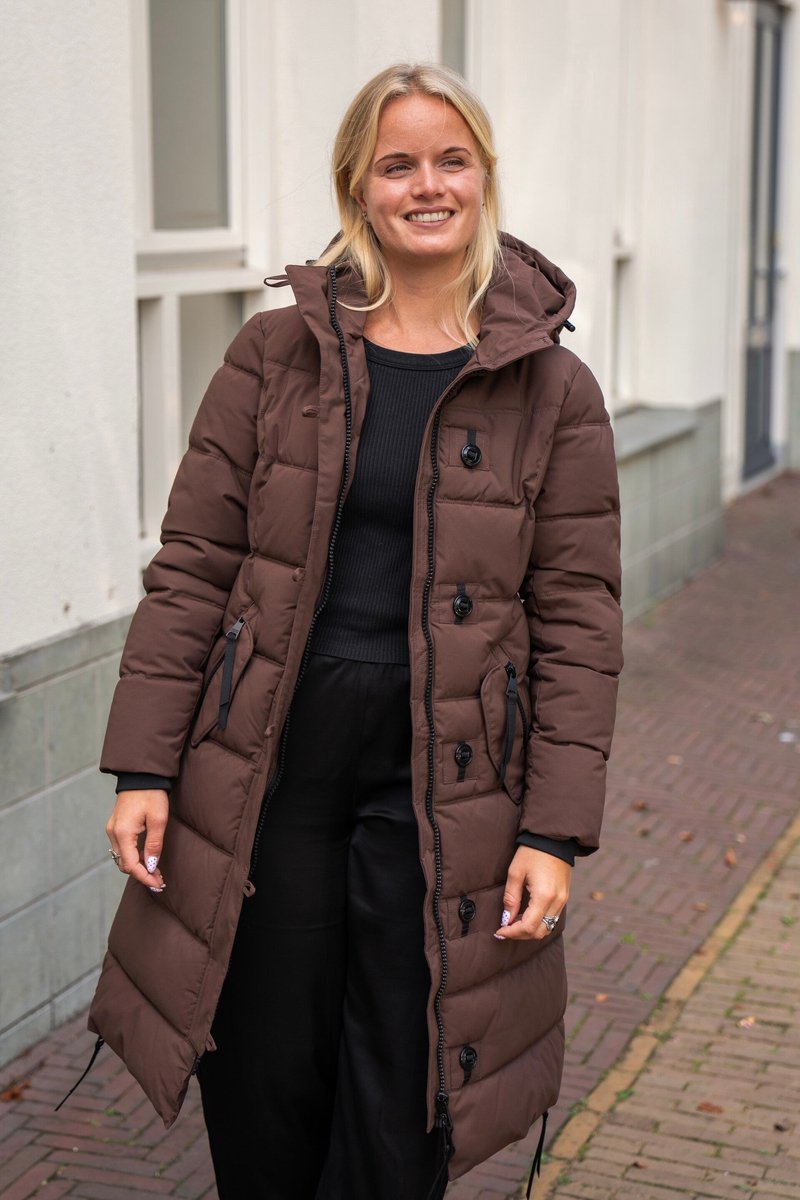 Lange Bruine Winterjas Dames - Gewatteerd en Getailleerd - Maat 38