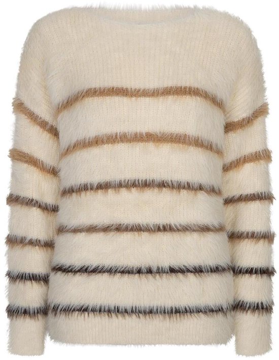 Crèmekleurige gebreide trui met horizontale strepen in bruin en beige. De trui is fuzzy gebreid.