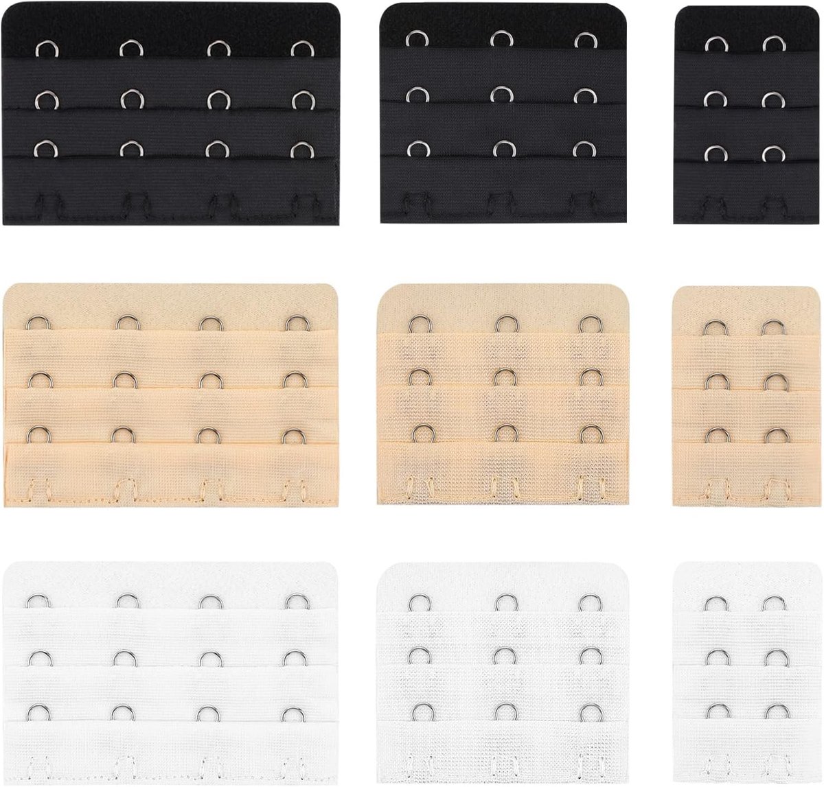 9-delige BH Verlengset met 2, 3 en 4 Haakjes, Comfortabele BH Achterclips en Sluitingen in Zwart, Wit en Huidskleur, Ideaal voor Diverse Maten