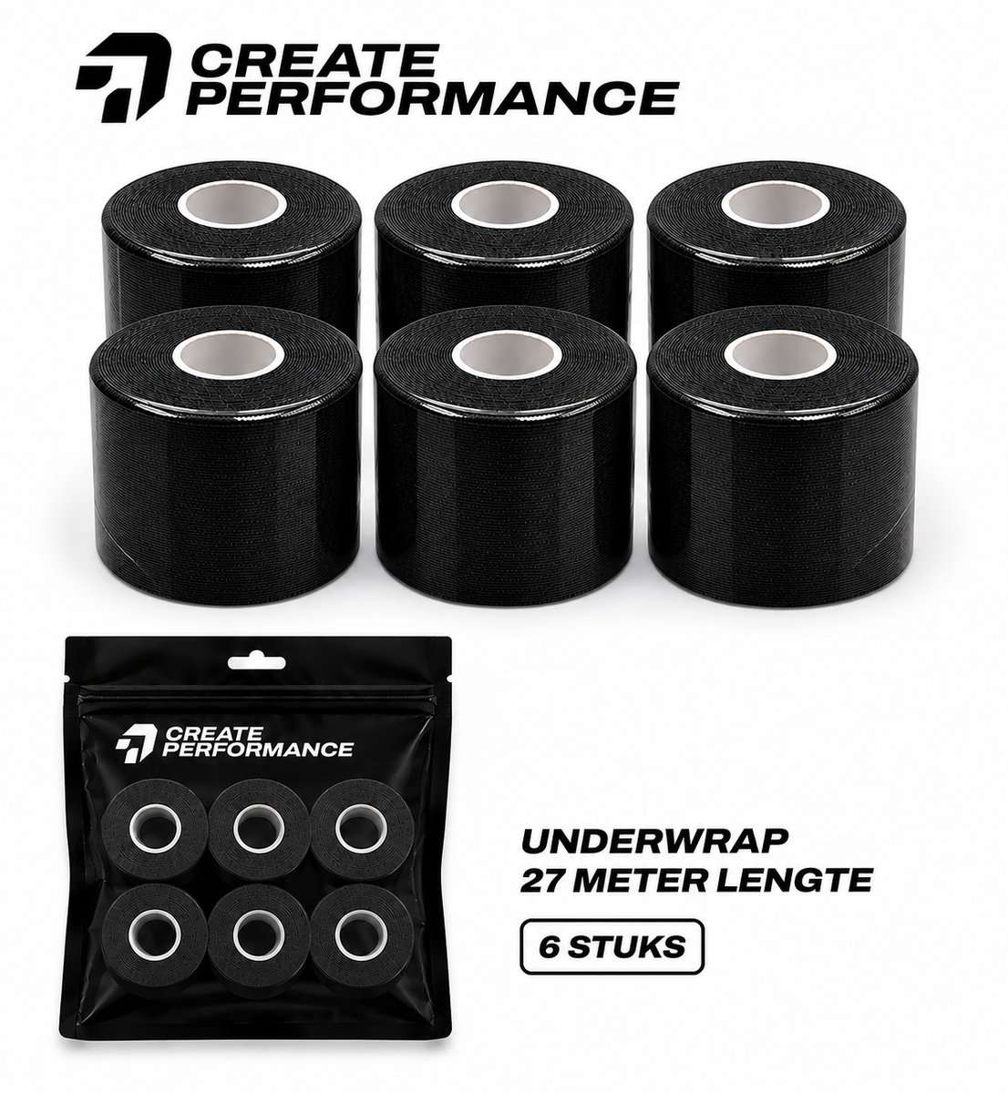 CREATE PERFORMANCE Underwrap tape - Voetbaltape - Fysio tape - Zwart - 6 stuks - 7cm x 27m - Inclusief tape tas
