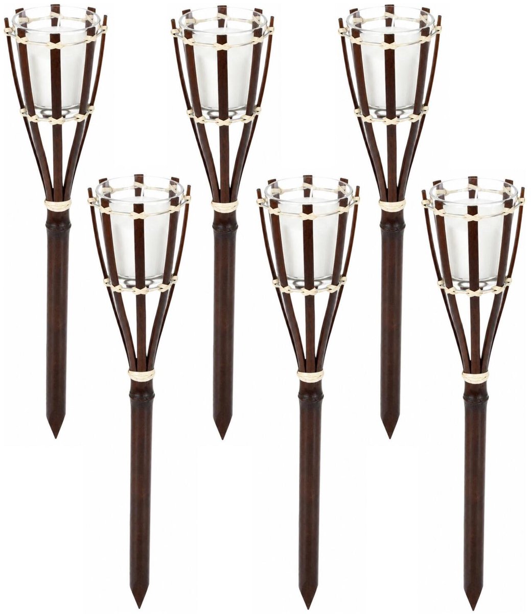 Pro Garden Tuinfakkel met kaars - 6x - bamboe - bruin - 30 cm - citronella - fakkels