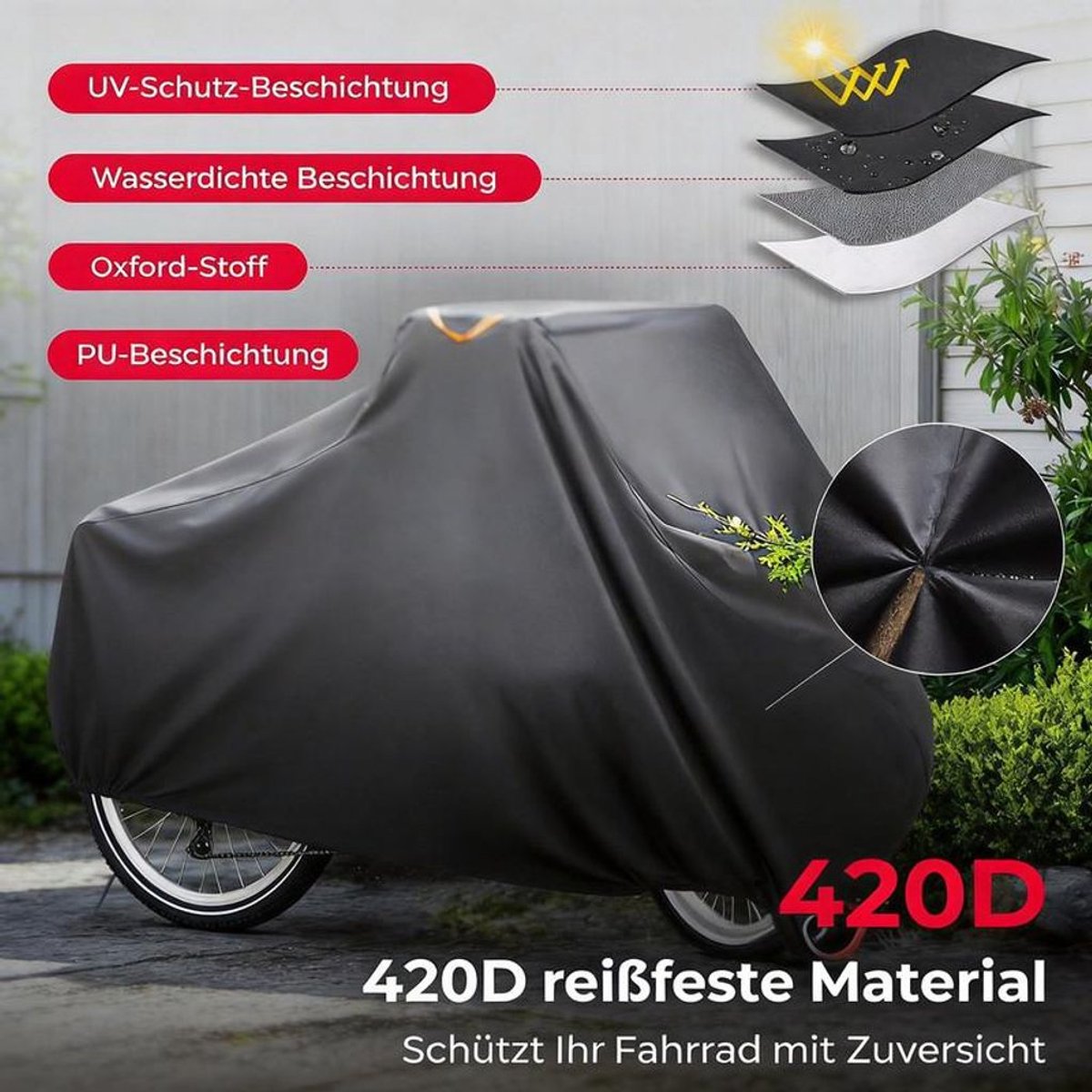 Fietshoes, 410D Oxford-stof – waterdicht, scheurvast, UV-bestendig, sneeuw- en stofbestendig, geschikt voor bakfietsen, afmetingen 2,2 × 1 × 1,1 meter.