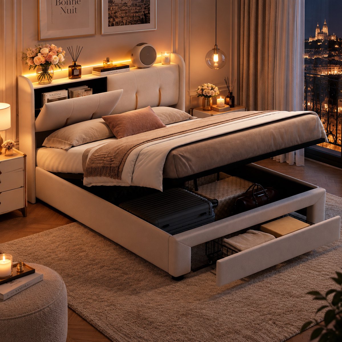 MEXUS Opbergbed 160x200 cm, Tweepersoonsbed hydraulisch bed met opberglade, Gestoffeerd met USB-aansluiting en ledverlichting, volwassenenbed met lattenbodem, 2-persoonsbed met Opbergruimte in het hoofdbord, Fluweel, Beige