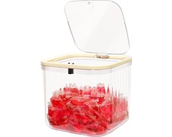 Opbergdoos, pod-houder met pop-up deksel, 2L-bak voor pods en benodigdheden, Deksel met drukmechanisme, transparante geribbelde behuizing, compact formaat (2L), voor wasruimte en onder de gootsteen, exclusief pods