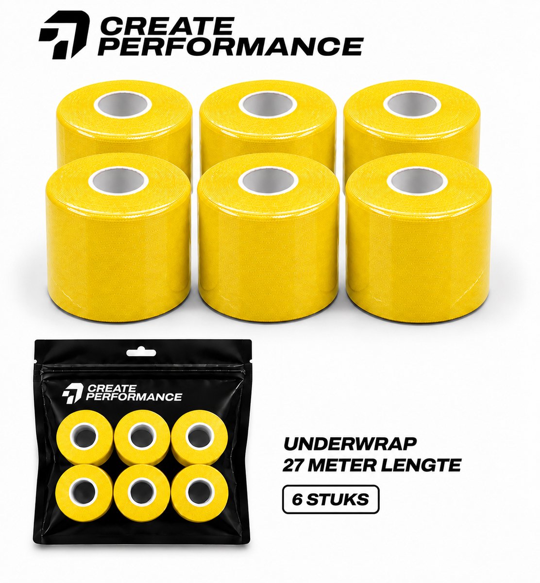 CREATE PERFORMANCE Underwrap tape - Voetbaltape - Fysio tape - Geel - 6 stuks - 7cm x 27m - Inclusief tape tas