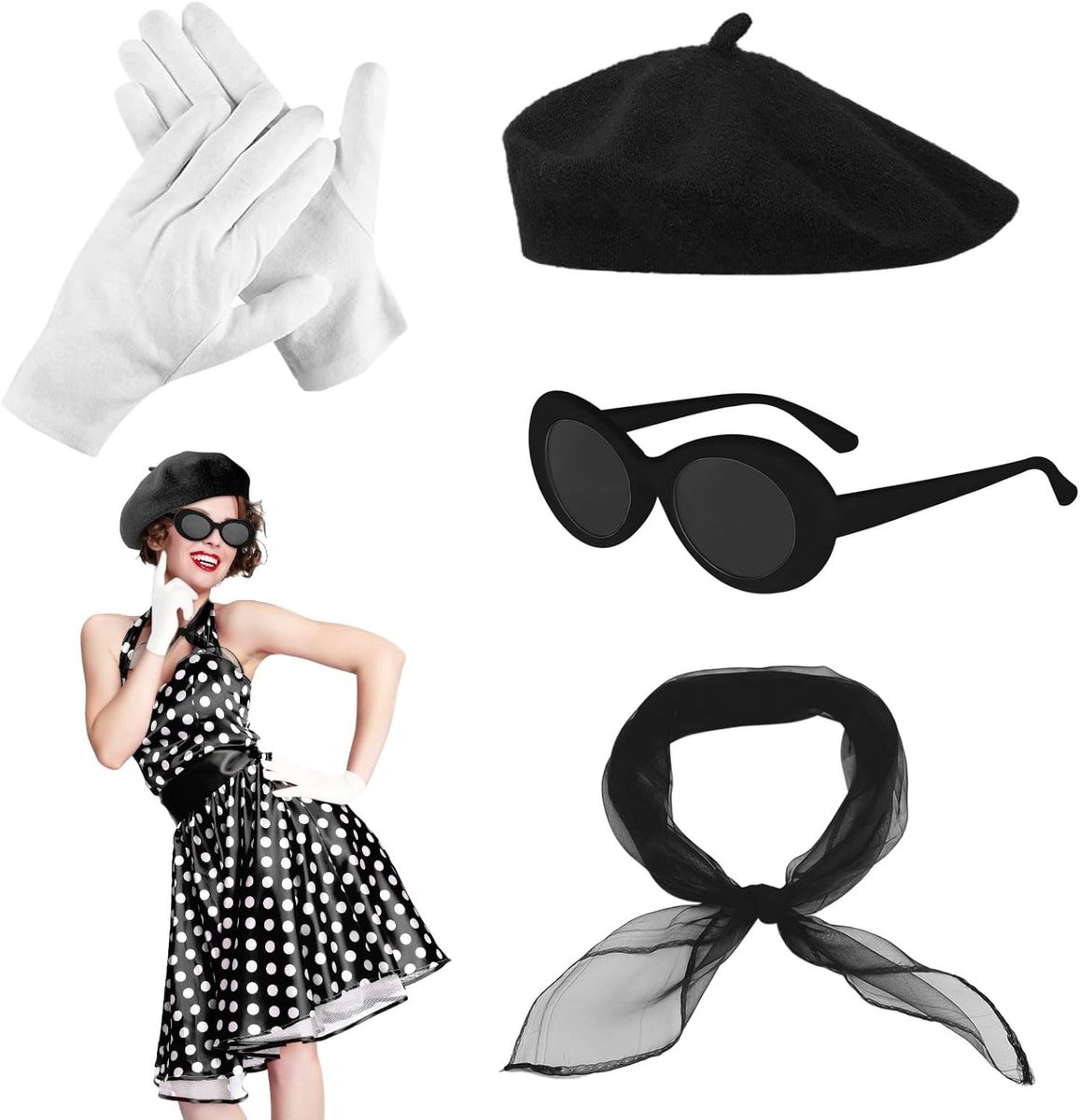 4-delige 50s Kostuumaccessoires Set voor Vrouwen, Retro Beret, Sjaal, Zonnebril en Handschoenen voor Feestjes en Thema-avonden