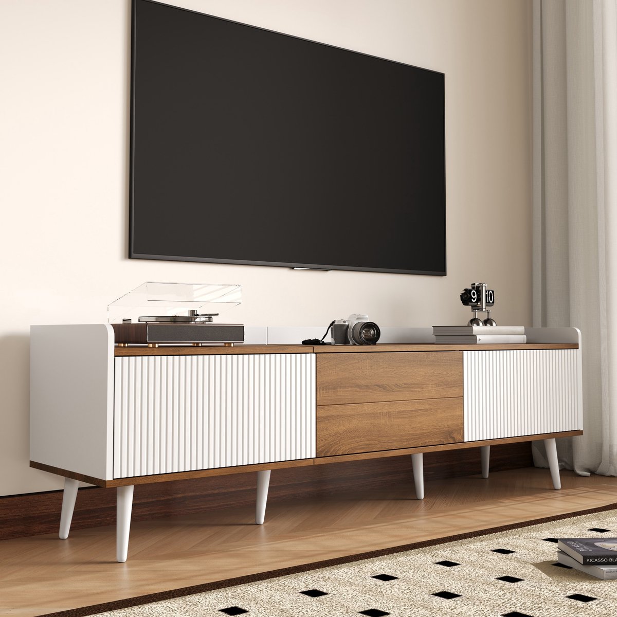 MUVANO TV Meubel 160 cm - TV Kast Wit en Hout - TV Dressoir met 3 Deuren - Opstaande Rand - 160x39x49,5 cm - Opbergruimte - Woonkamer Wit en Natuur