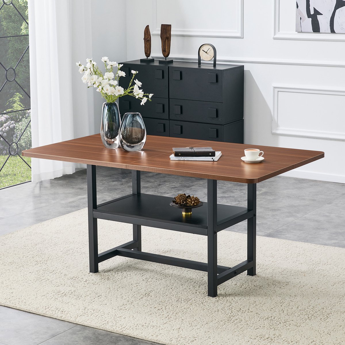 Clruro Eettafel - 160x90x76 cm - Industrieel met Opbergrek - 4-6 Personen - Metaal - Walnoot/Zwart Zwart, walnoot
