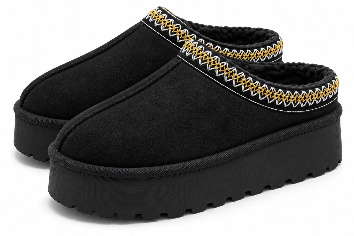 Dames Pantoffels – Warme Gevoerde Sloffen – Dikke Antislip Zool – Maat 38 – Zwart – Valt klein, bestel 1 maat groter