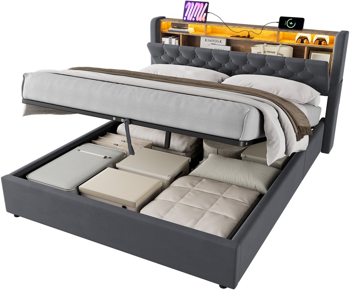 MODFU Fluweel Bed 160x200 cm – Donkergrijs upholstered bed met opbergbaar hoofdbord, groot bedkader & trekkoord – Modern design – Metaal & hout