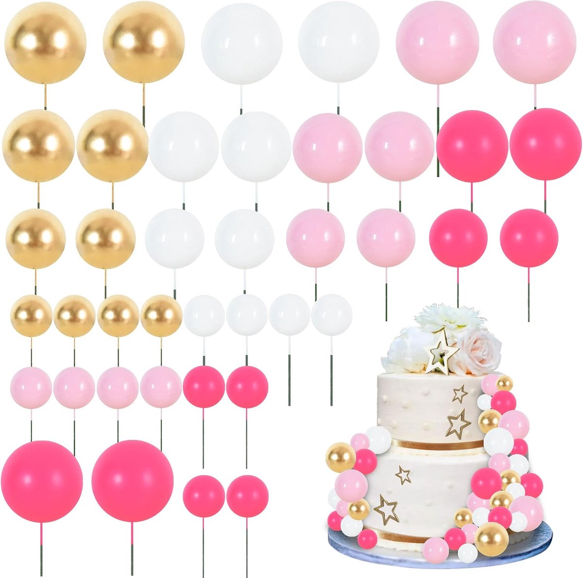40 stuks Bal Taarttoppers Inlegballen Taartdecoraties Schuimballen DIY Taartversiering voor Verjaardag Valentijnsdag Baby Shower Jubileum en Bruiloft Feest (Heet Roze Roze Wit Goud)