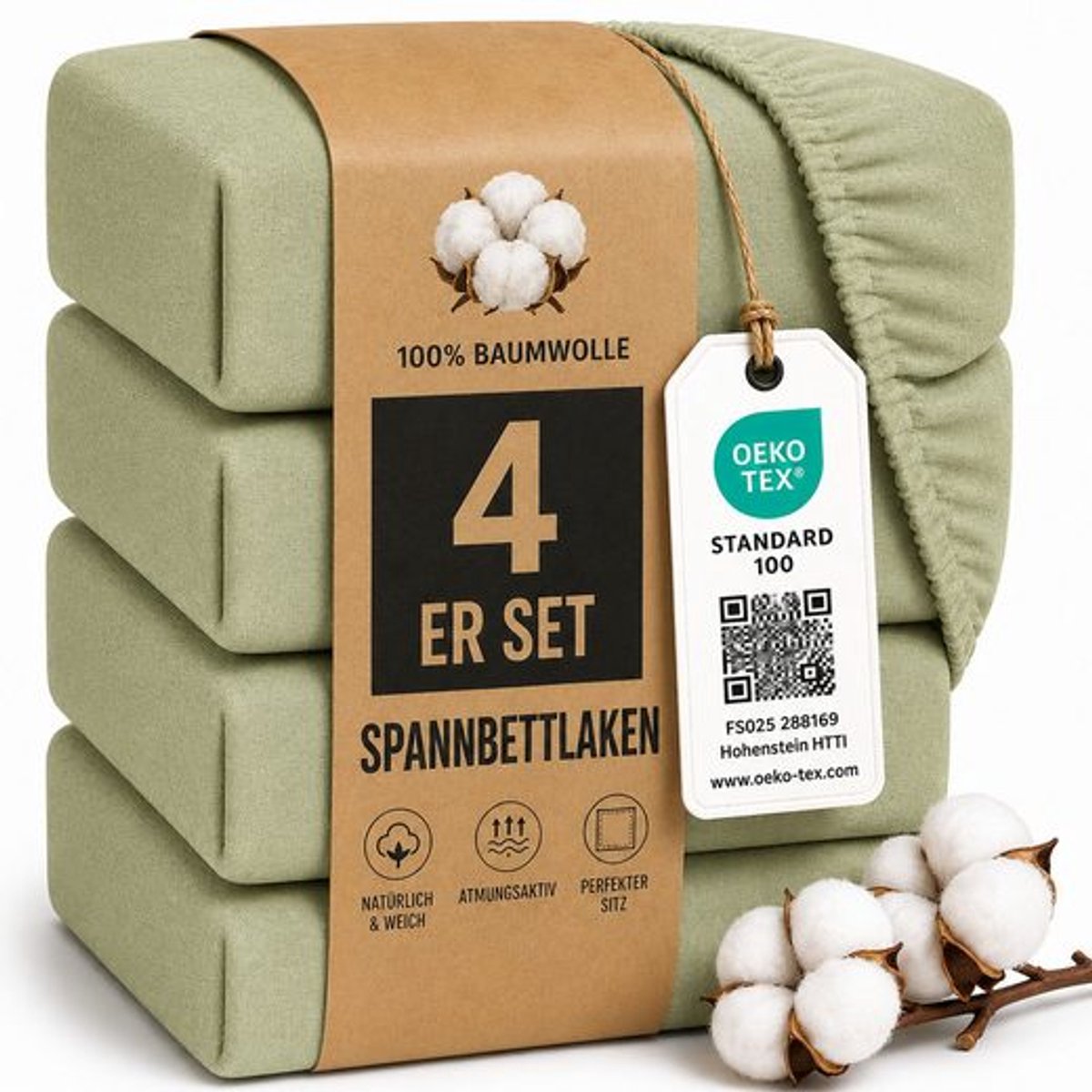 Komfortec Jersey Stretch 4-delige Hoeslaken Set 180x200 cm, 23 cm Matrasdikte, Rondom Elastiek, 100% Katoen, Groen