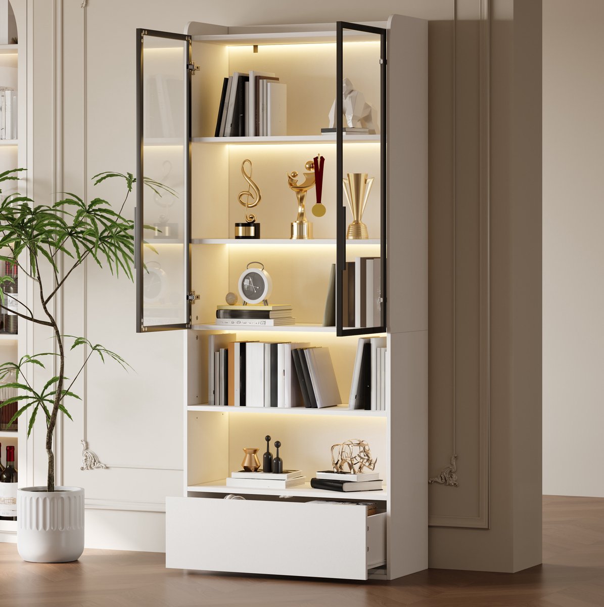 MEUNIQ Vitrinekast 80 x 34 x 180 cm met glazen deuren, 1 lade, 6 niveaus en appgestuurde LED-verlichting voor woonkamer, wit