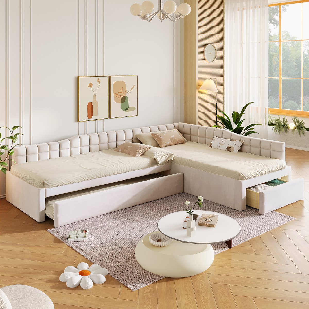 REDOM L-vormig bed - Gestoffeerd met flanellen bekleding - Uitschuifbed en opbergladen - Moderne stijl - Kinderkamer of logeerkamer - MDF - Beige - 295,5 x 95,5 x 57,5 cm