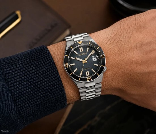 Zilverkleurig Citizen horloge met donkergrijs gestructureerd wijzerplaat en gouden details, gedragen om een pols.
