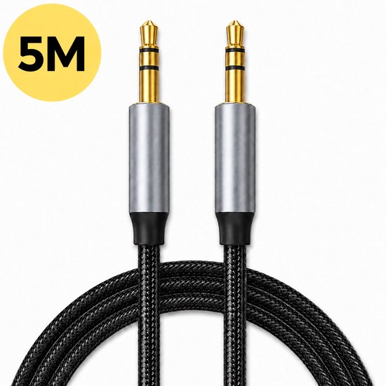 5M AUX kabel met vergulde jackpluggen en gevlochten nylon kabel in ijzergrijs.