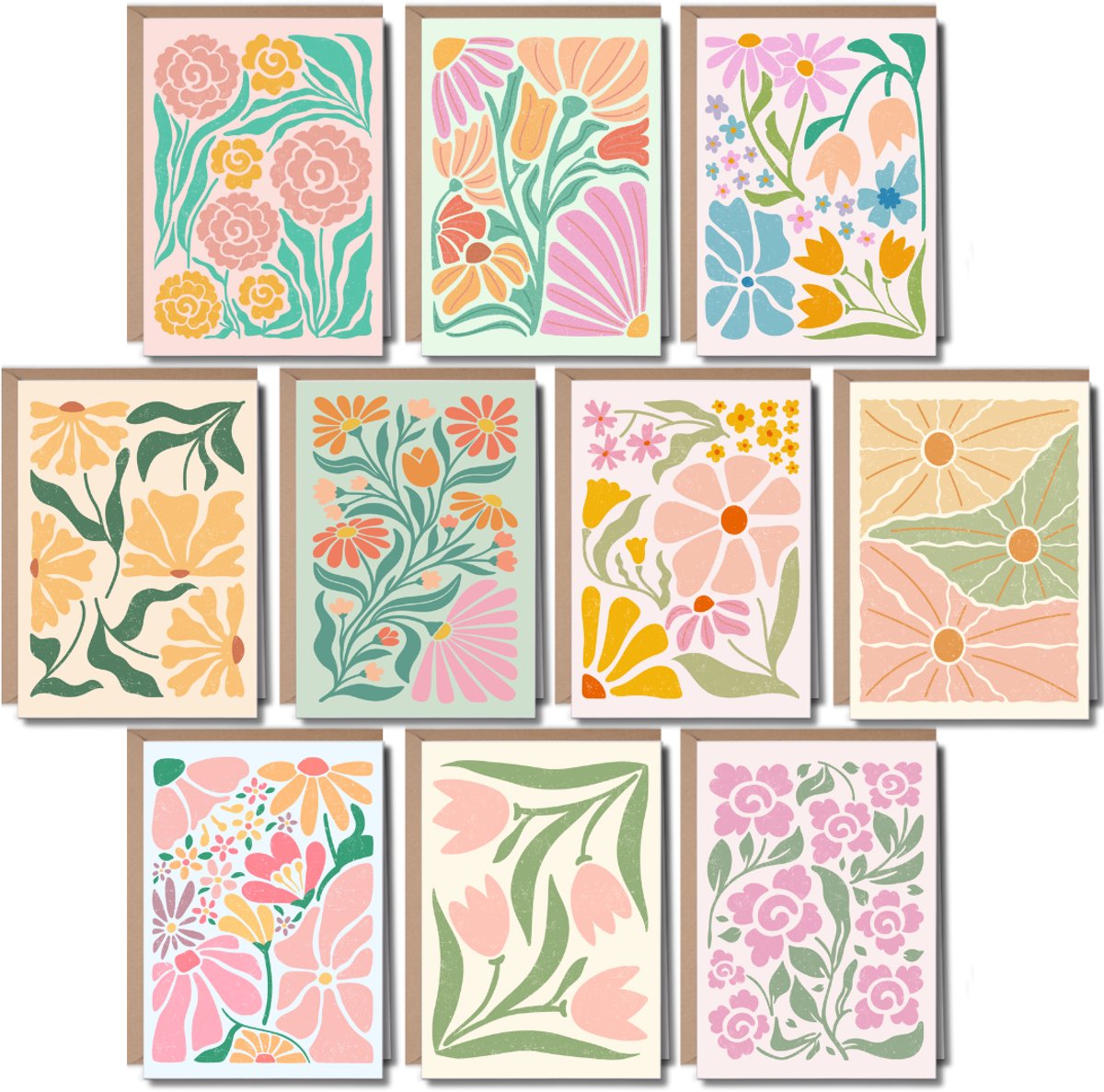 10 Luxe Wenskaarten met Enveloppen - Zonder Tekst - Boho Bloemen & Natuur - Botanisch Pastel - Kleurrijk - A6 - Blanco