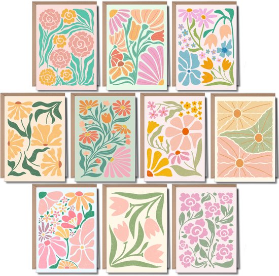 Tien wenskaarten met diverse kleurrijke, botanische bloemenprints in pastelkleuren op een crème achtergrond.