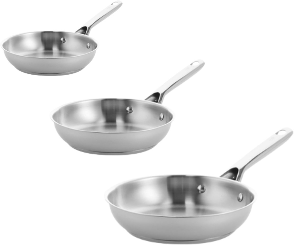 BK Sparkling Uncoated Koekenpannenset 3-delig - 20/24/28 cm - Zonder antikleeflaag - Inductie pannenset - RVS - Ovenbestendig tot 230°C - Zilver