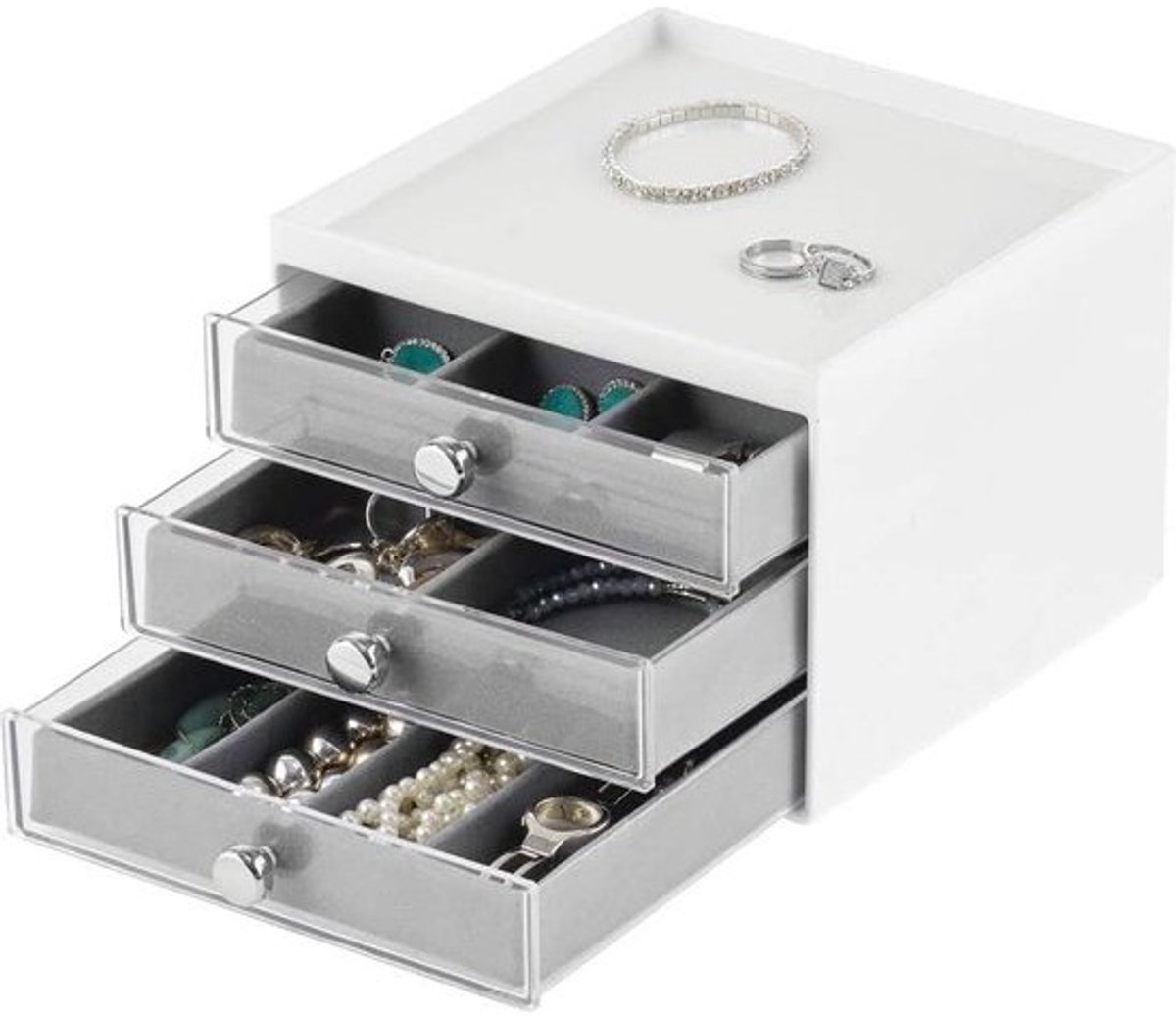 Sieradenkastje met 3 lades voor kaptafels en cosmetica - Sieradenorganizer van plastic - Wit/grijs