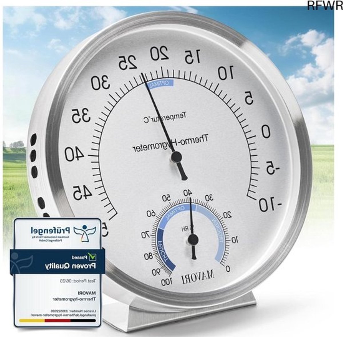 RFWR® Analoog Thermometer en Vochtigheidsmeter voor Binnenklimaat - Nauwkeurige Temperatuurmeting en Duurzaam Design