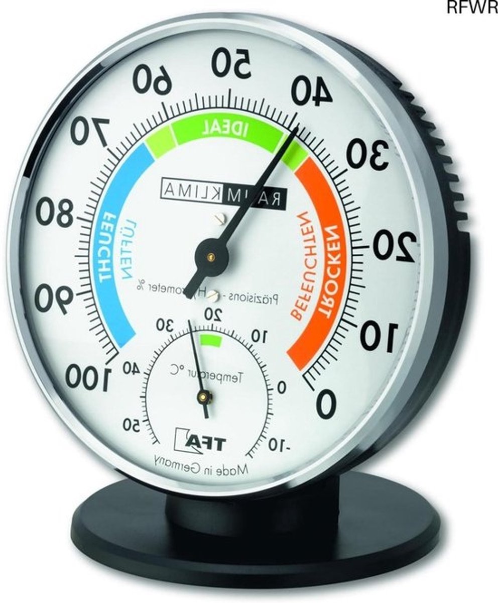 RFWR® Precisie thermo-hygrometer voor binnenklimaat, analoog met comfortzones voor temperatuur en luchtvochtigheid