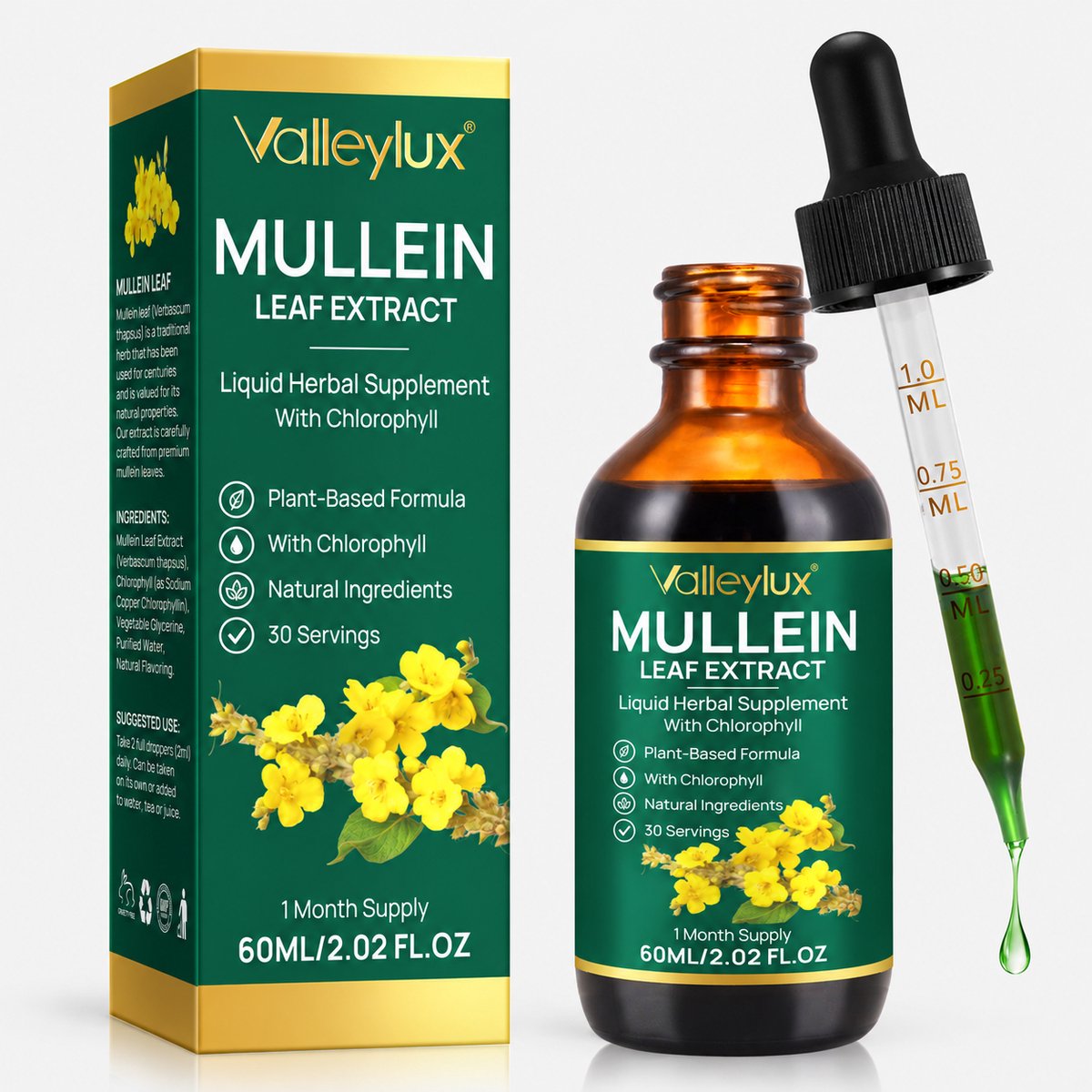 Valleylux Mullein Leaf Extract – Koningskaarsblad 30:1 met Chlorofyl – Druppels – 60 ml
