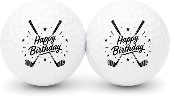 Twee witte golfballen met de tekst "Happy Birthday" en gekruiste golfclubs.