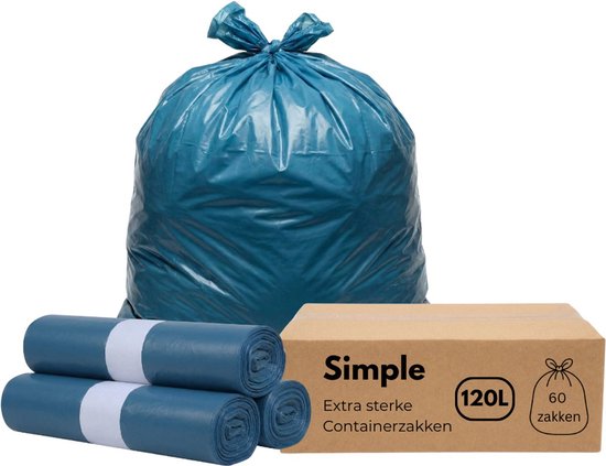 Een grote, blauwe, extra sterke containerzak met knoopsluiting, drie losse rollen en een doos met 60 zakken van 120 liter.