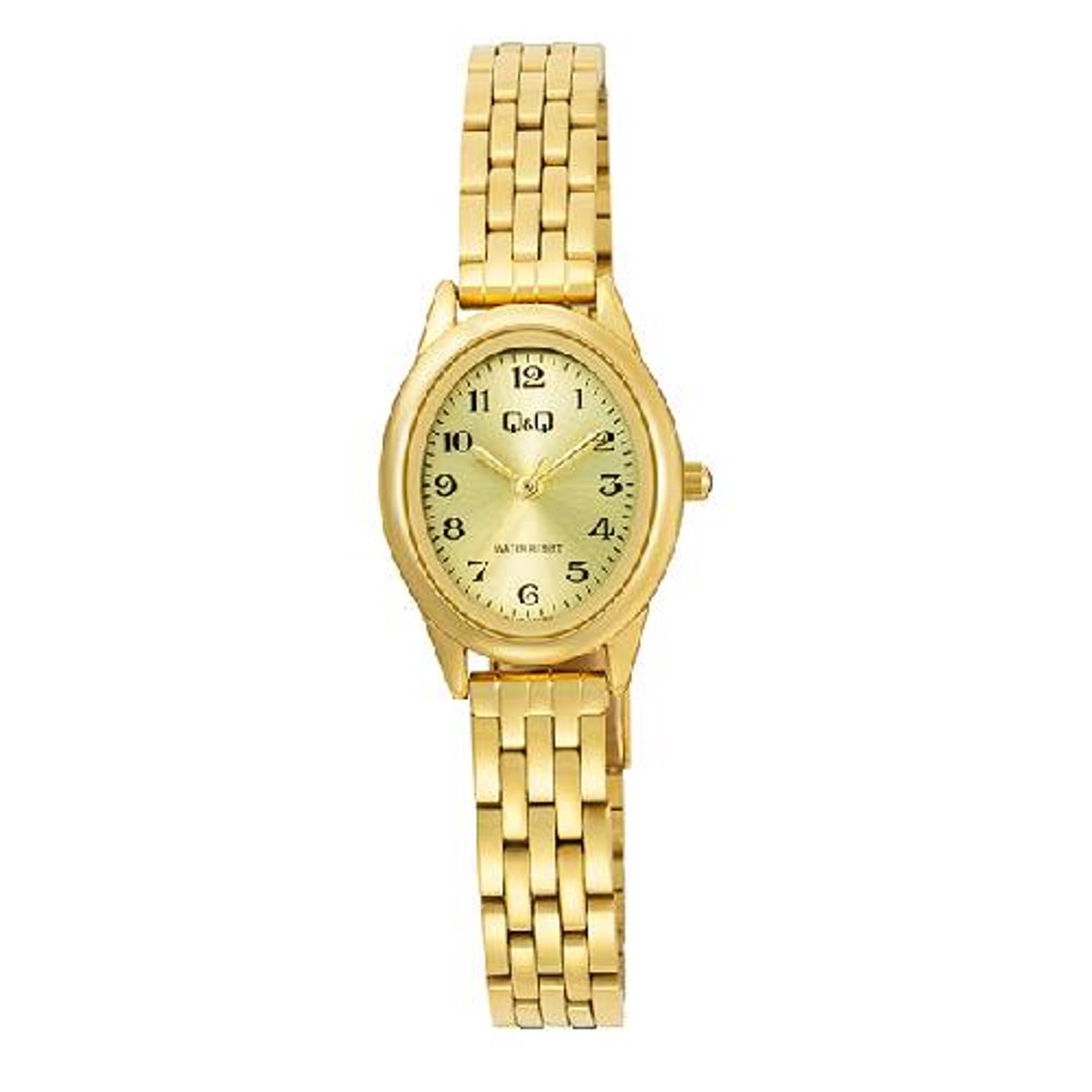 Q&Q-horloge-dames-ovaal-goudkleurig-duidelijke wijzerplaat-3 atm waterdicht-afmeting 22x26 mm