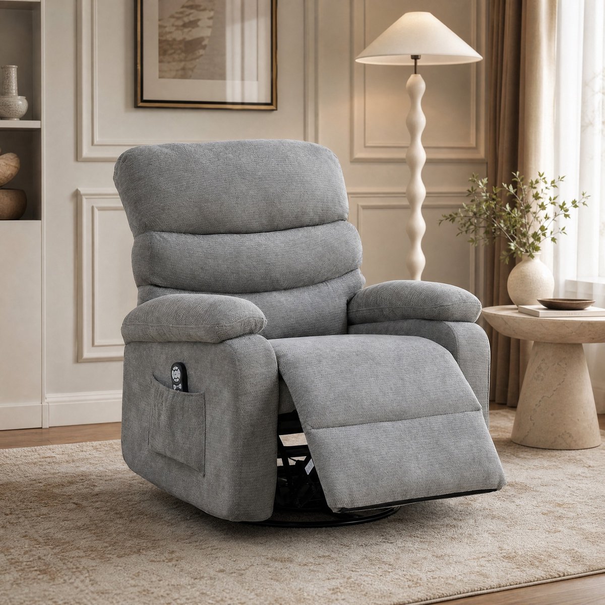 MEUNIQ Elektrische 360° draaibare massage-relaxfauteuil met warmtefunctie, handmatig verstelbare rugleuning en voetensteun, zijvakken, grijs