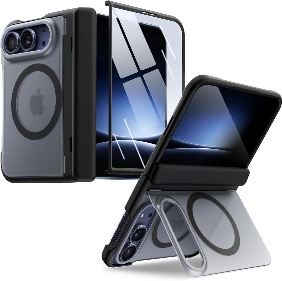 Zandarix Hoesje Geschikt voor Apple iPhone Duo - Back Cover Hoesje - Ingebouwde Voorkant Screen Protector - Scharnierbescherming - Kickstand - Doorschijnende Achterkant - Geschikt voor Mag - Zwart