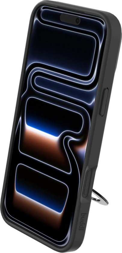 Zwarte telefoonhoes met magnetische ringstandaard, telefoon met lichtgevende achtergrond.