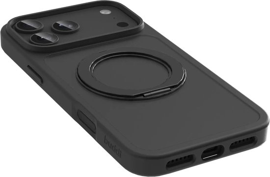 Zwarte telefoonhoes met magnetische ringstandaard, zicht op de achterkant en zijkanten.