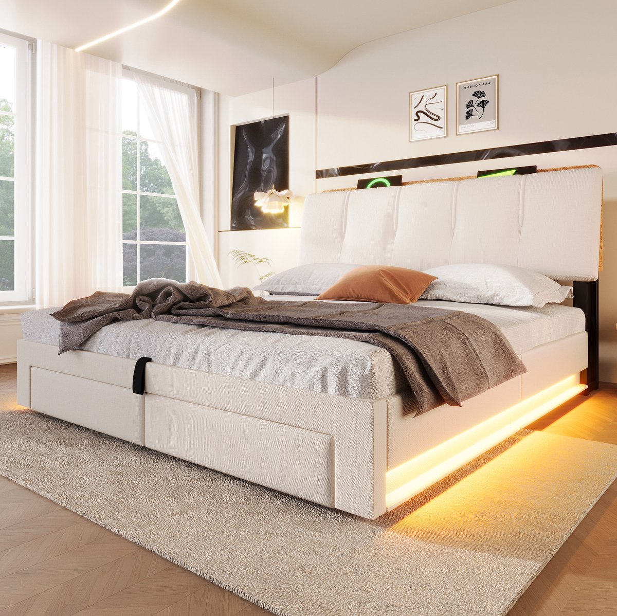 COVREO Stoffen bed met opbergruimte – 140x200 cm – Bedframe met USB-C en LED – voor slaapkamer en dagelijks gebruik – Beige - zonder matras