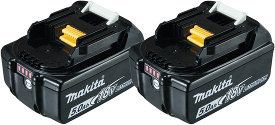 Twee zwarte Makita 18V 5.0Ah LXT lithium-ion accu's met gele ontgrendelknoppen en witte handgrepen.