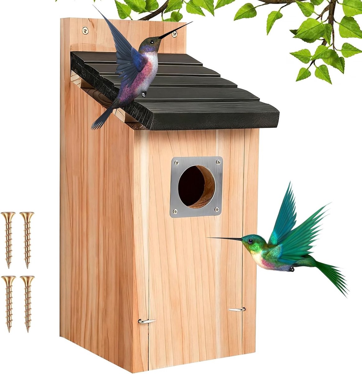 Weerbestendige houten vogelhuis voor het ophangen, ideaal als nestkast voor mezen, roodborstjes en andere tuinvogels, met bescherming tegen roofvogels