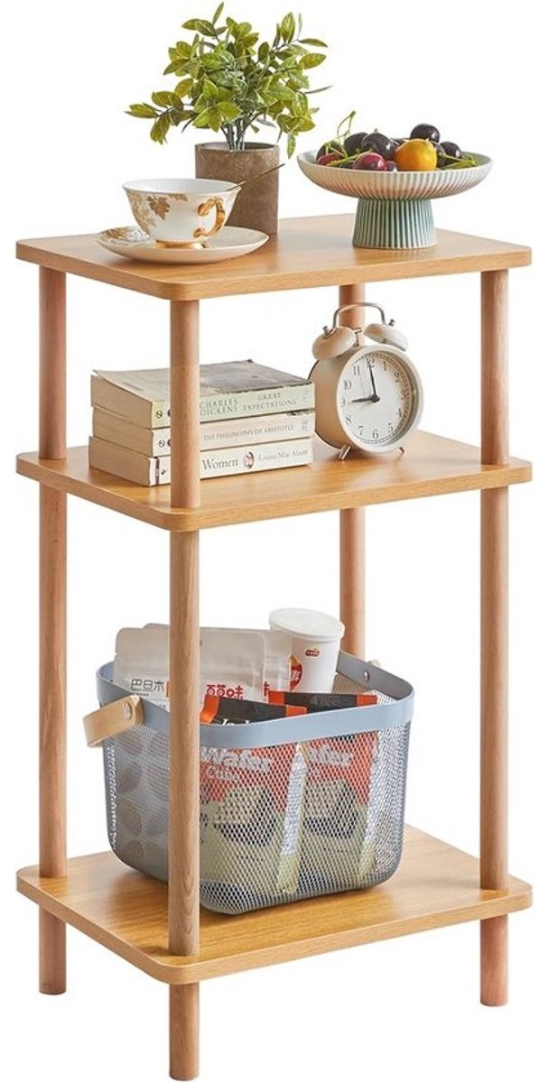 3-laags Bijzettafel van Hout met Opbergplanken - Multifunctionele Nachtkastje voor Woonkamer, Slaapkamer en Kantoor - Eenvoudige Montage zonder Gereedschap