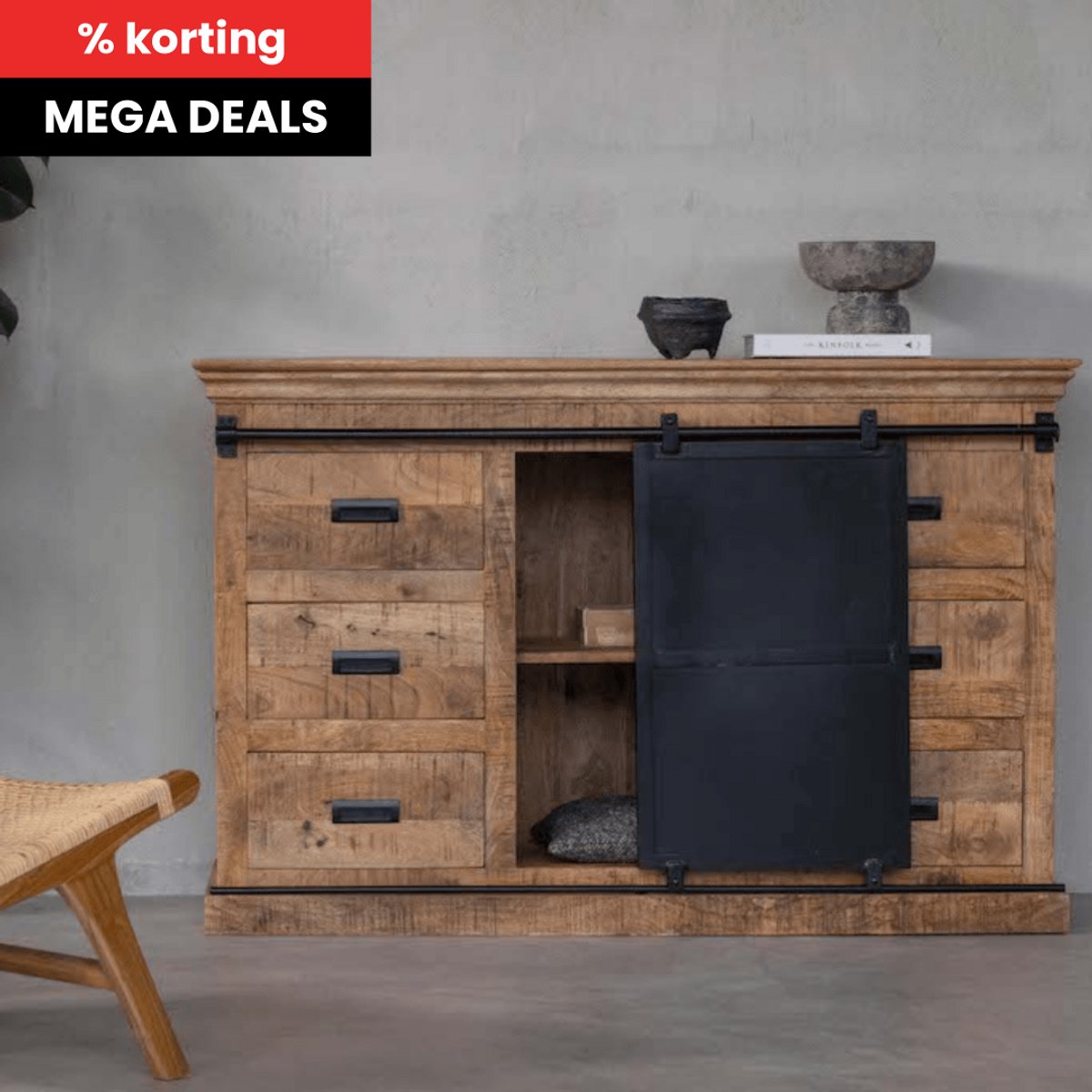 Mangohouten Dressoir Newark 240 cm Mahom Industrieel - Dressoir van Mangohout & Metaal - Industriële Dressoir
