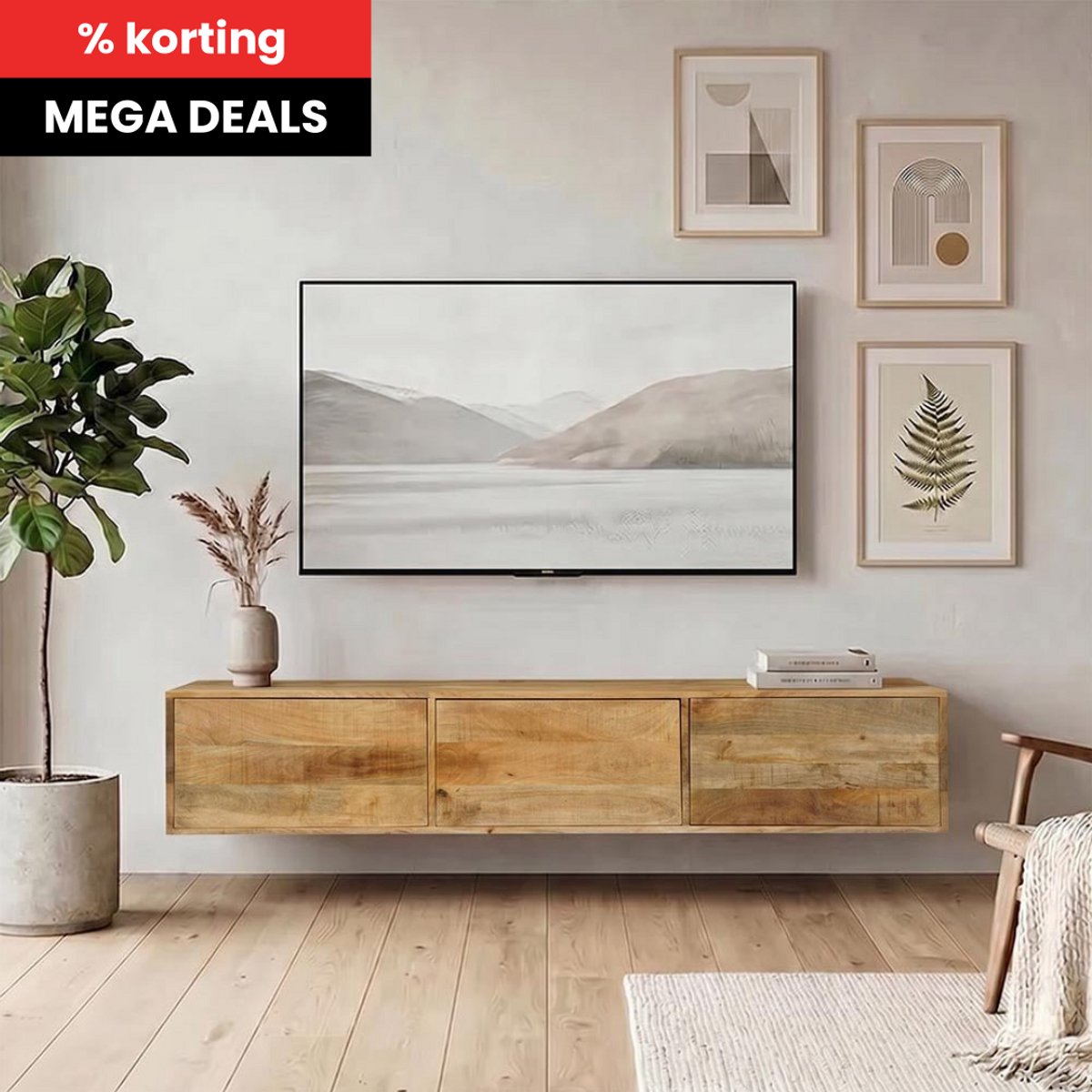 Mangohouten TV Meubel Zwevend Harlow 180 cm met 3 deuren Mahom Industrieel - TV Meubel van Mangohout & Metaal - Industriële TV Meubel