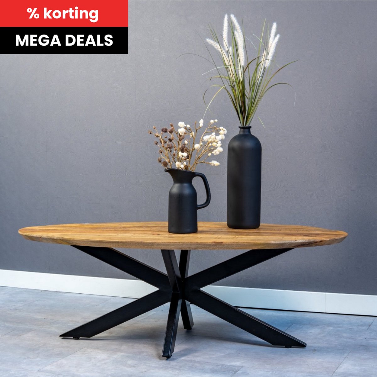Mangohouten Salontafel Vicenza Ovaal Mahom Industrieel - Kleine tafel van Mangohout & Metaal - Industriële Huiskamertafel