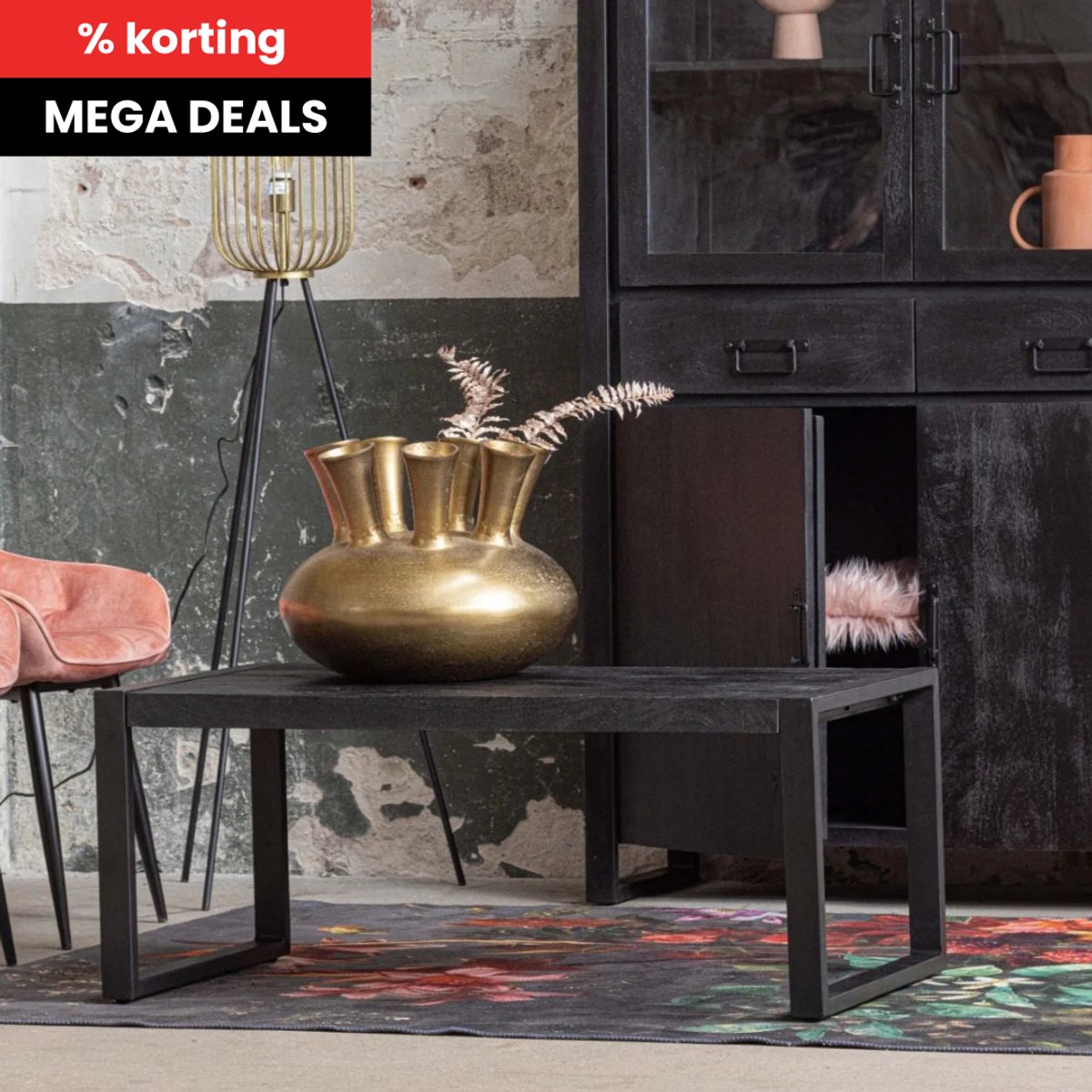 Mangohouten Salontafel Britt Black 110 cm Mahom Industrieel - Kleine tafel van Mangohout & Metaal - Industriële Huiskamertafel