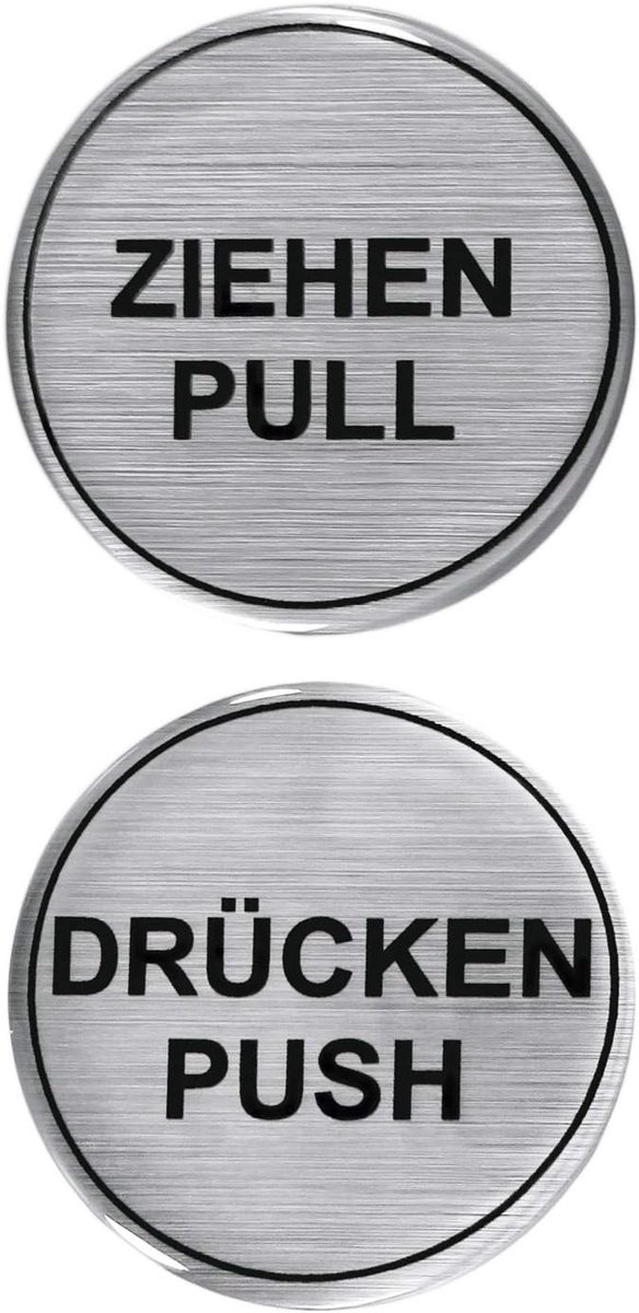 3D-sticker, aluminium-look, waarschuwingsbord, deurbordje, trekken, pull/drukken push 45 mm