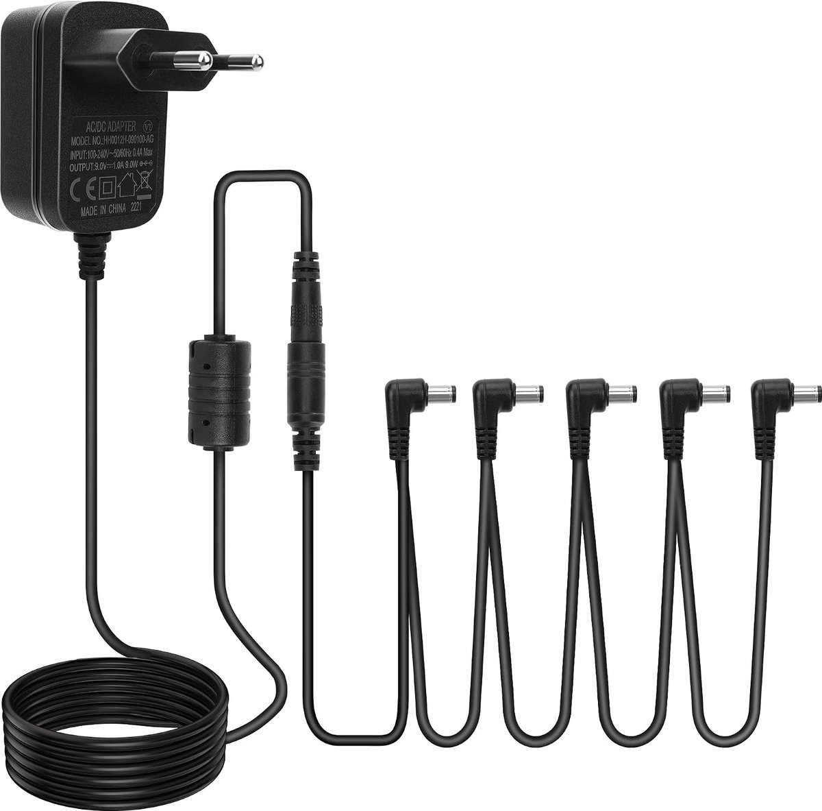 Voedingen voor Gitaar Effecten Pedaal 9V DC 1A Tip Negatief Adapter met 5-weg Daisy Chain-kabels Koorden Stroomvoorziening Oplader Muurlader voor BOSS Joyo Gitaar Bas Effecten Casio Keyboard Ruisvrij