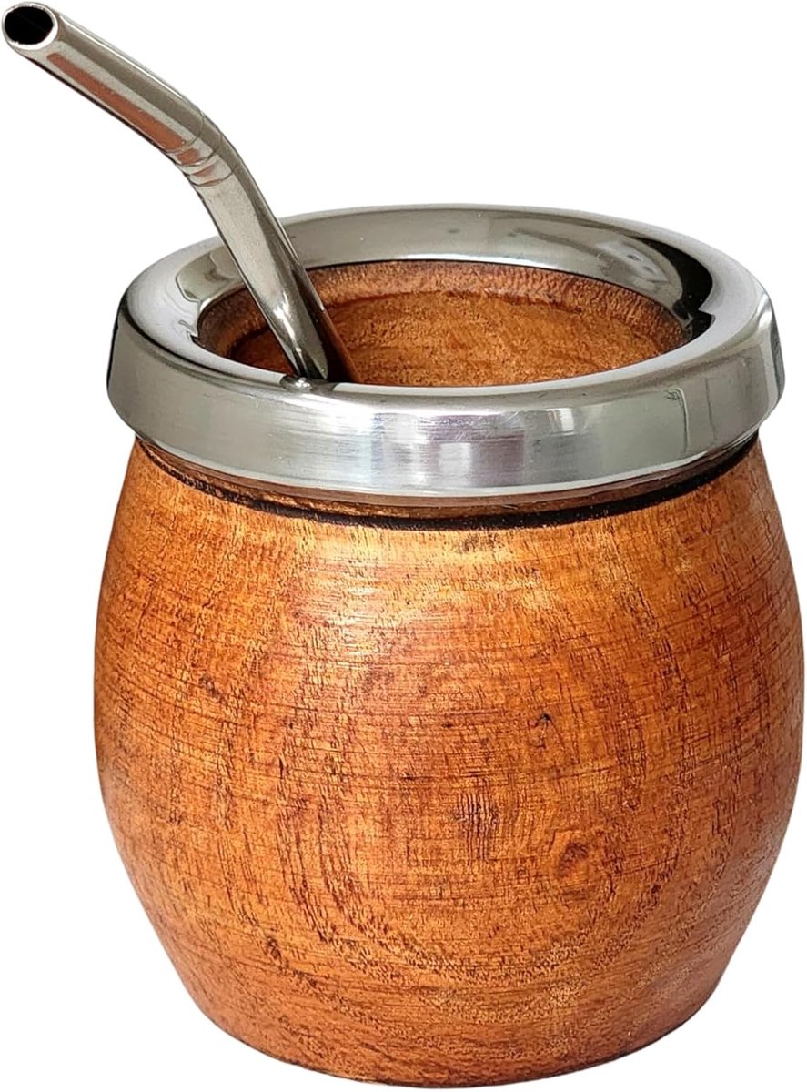 Mok Argentinië, natuurlijk, handgemaakt van Johannesbroodhout met roestvrijstalen rand, mat, met gloeilamp, gourd Mate mok, stijl vat