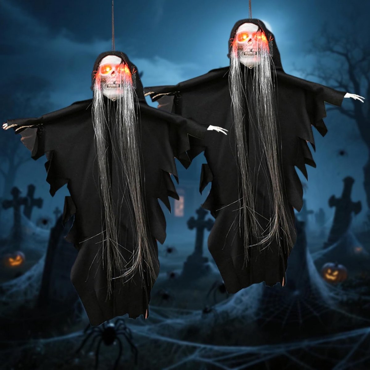 2 stuks Halloween-decoratie outdoor skelet, 35 x 30 cm, hangende horrordecoratie met led-lichtgevende rode ogen en griezelige geluiden, horrordecoratie rekwisieten voor feest, tuin